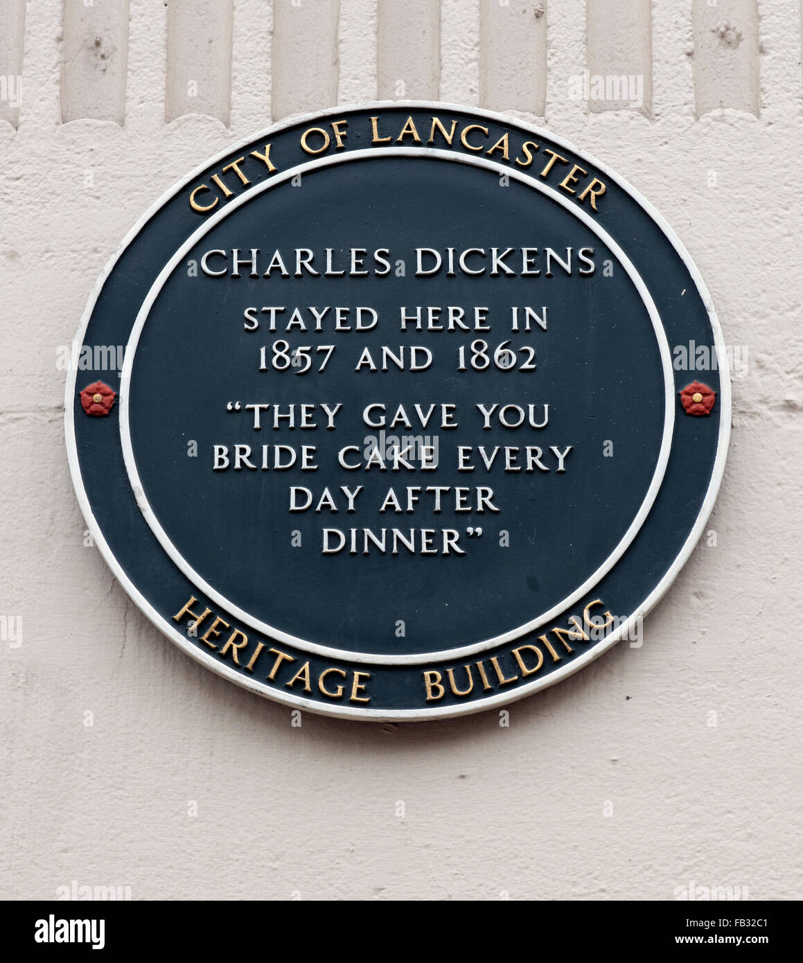 Historic plaque for 'Charles Dickens' at Royal Kings Arms Hotel, Lancaster, Lancashire, England, UK. Stock Photo
