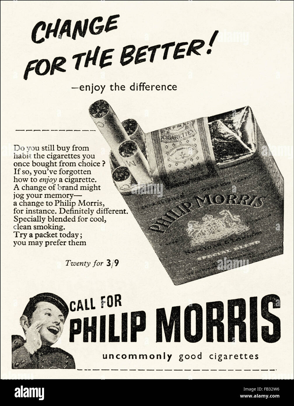 Original vintage advert from 1950s. Advertisement from 1953 advertising Philip Morris cigarettes. Stock Photo