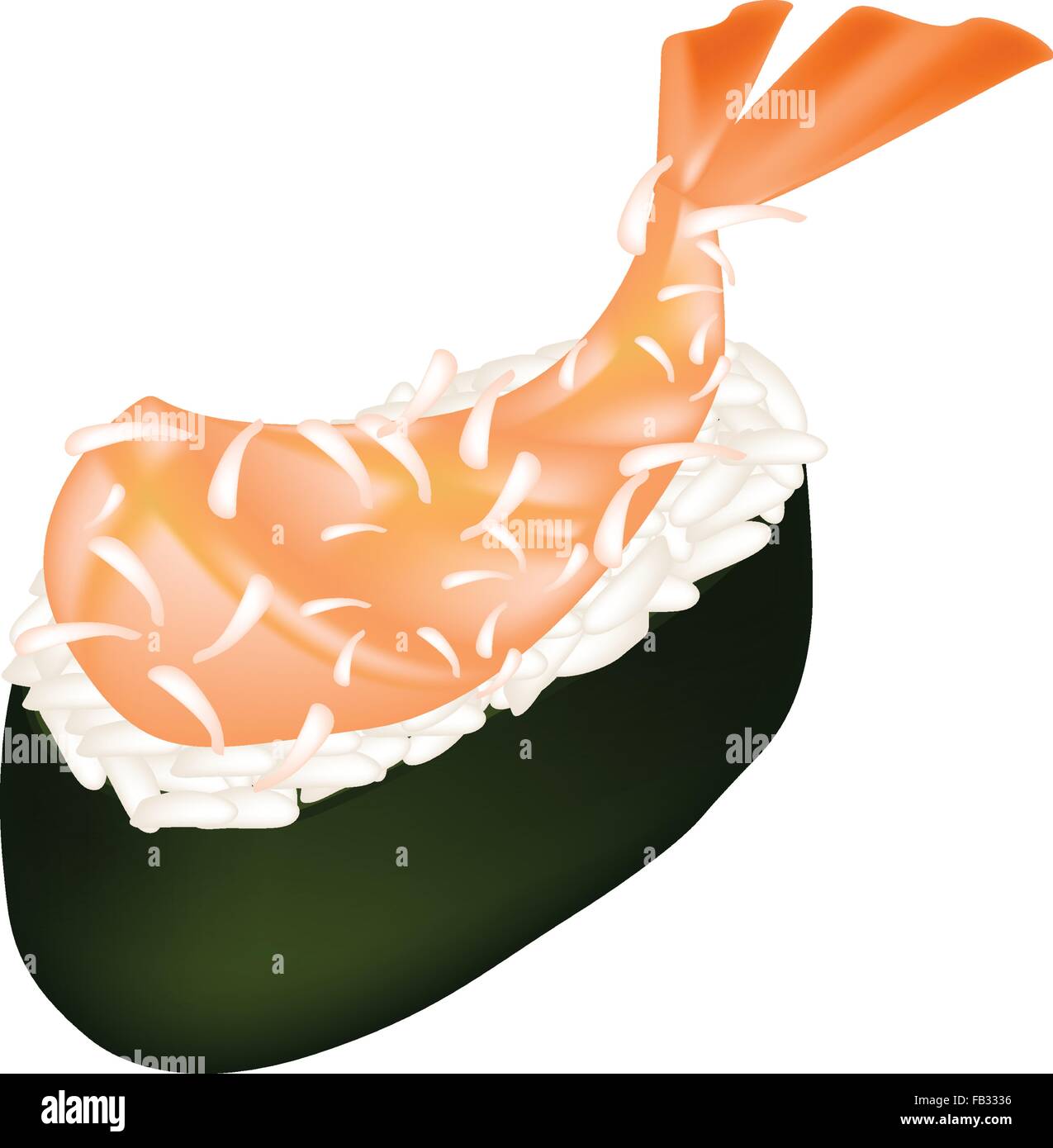 Japanese Cuisine, Illustration of Fresh Temaki Ebi Tempura Nigiri or Deep Fried Shrimps Sushi Isolated on White Background. Stock Vector