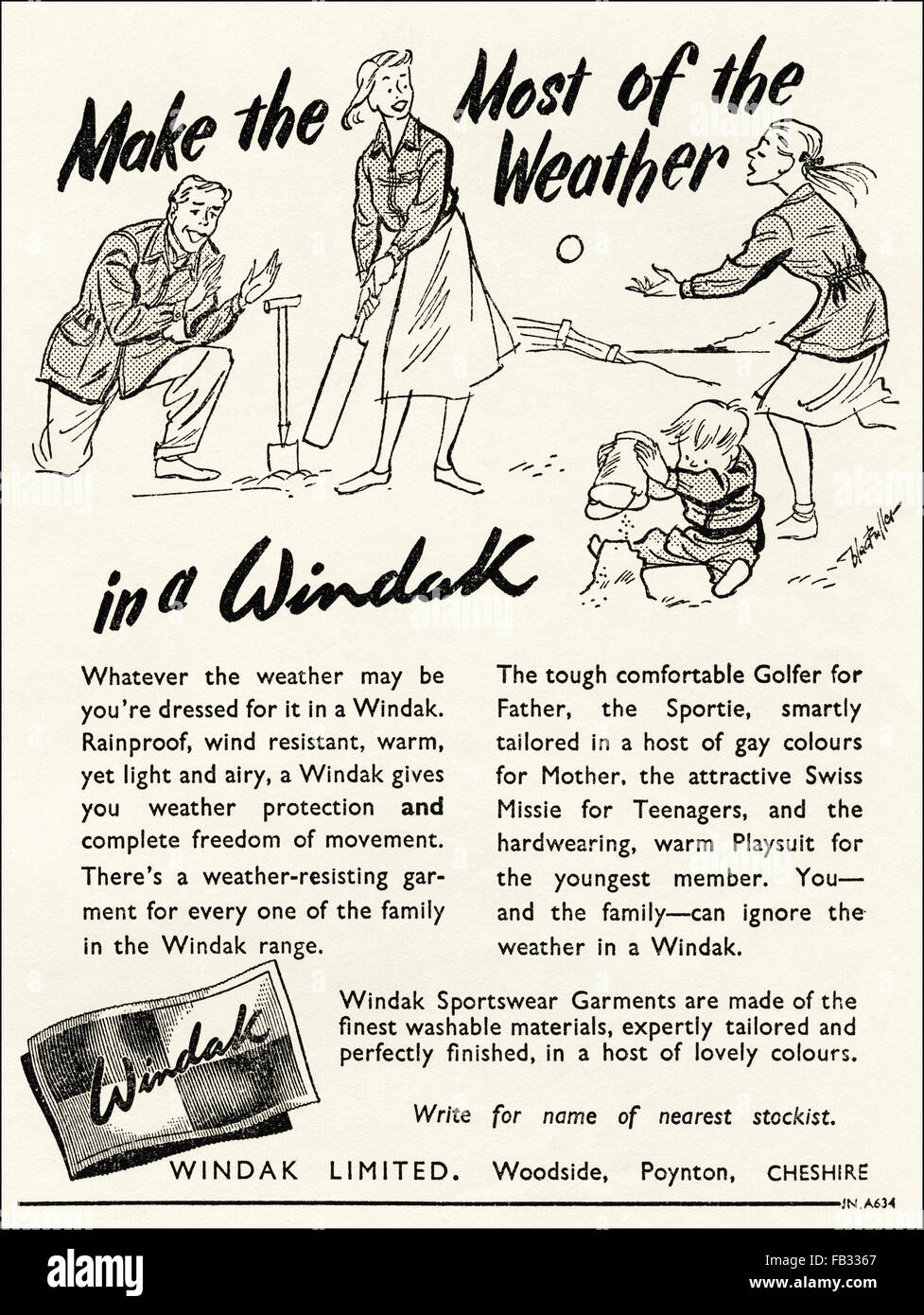Original vintage advert from 1950s. Advertisement from 1953 advertising Windak rainproof clothing for the whole family. Stock Photo