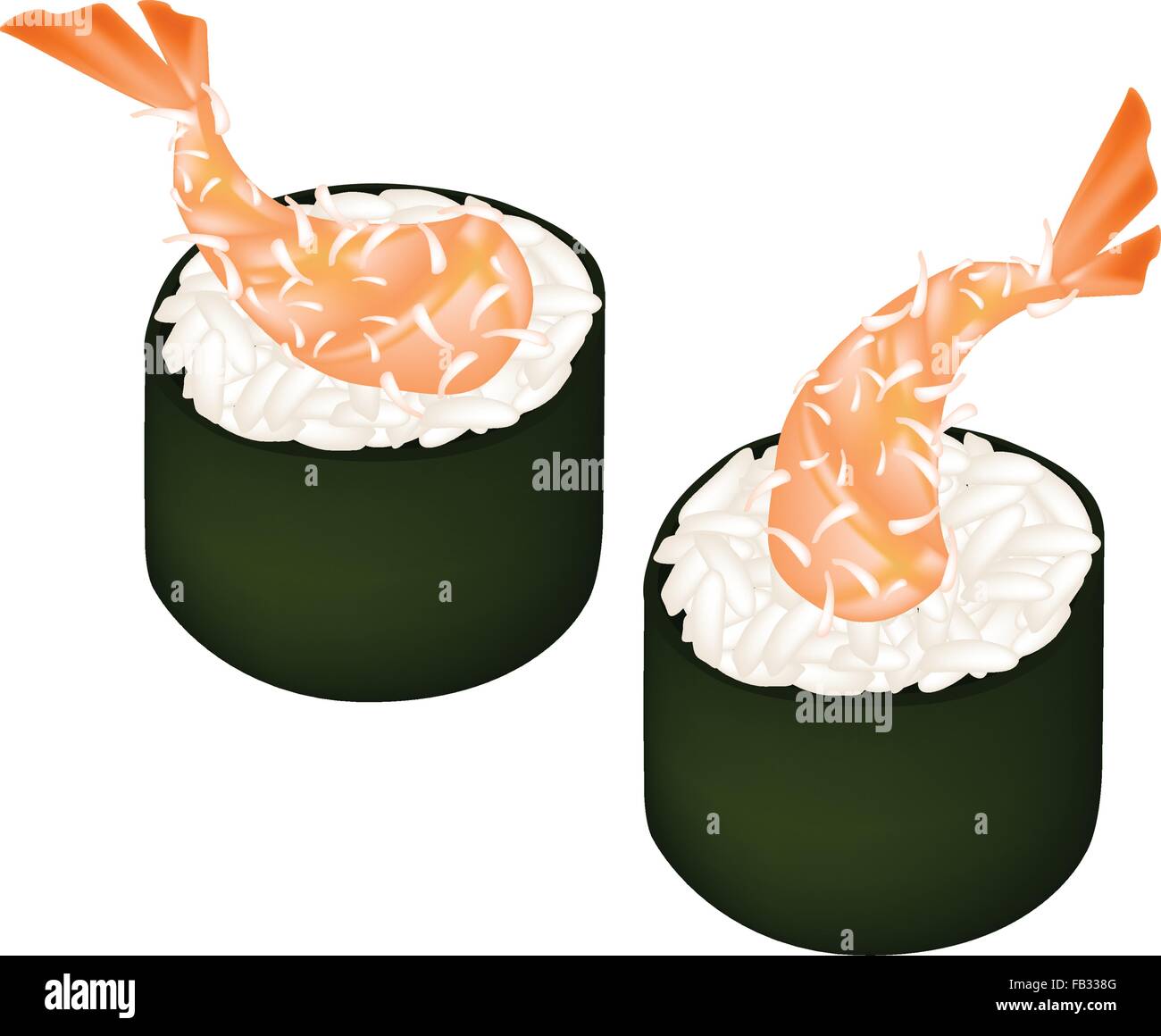Japanese Cuisine, Illustration of Fresh Ebi Tempura Makizushi or Deep Fried Shrimps Sushi Roll Isolated on White Background. Stock Vector