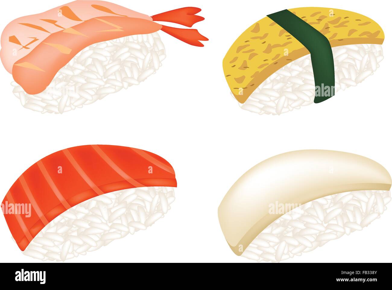 Japanese Cuisine, Illustration of Fresh Salmon Sushi, Tako Sushi, Ebi Sushi and Tamagoyaki Nigiri Isolated on White Background. Stock Vector