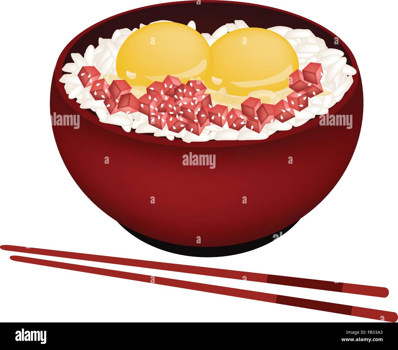 Japanese Cuisine, Illustration of White Steamed Rice Topping with Raw
