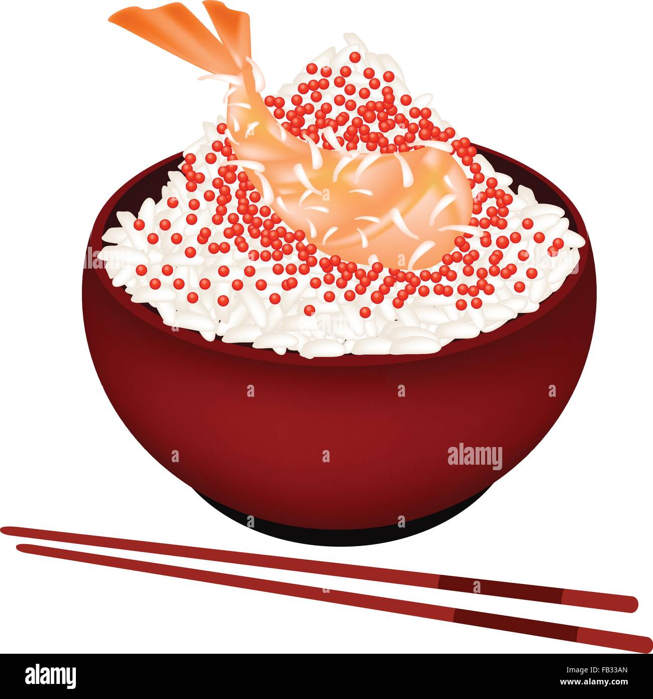 Japanese Cuisine, Illustration of White Steamed Rice Topping with Tobiko and Ebi Tempura in Donburi Bowl Isolated on A White Bac Stock Vector