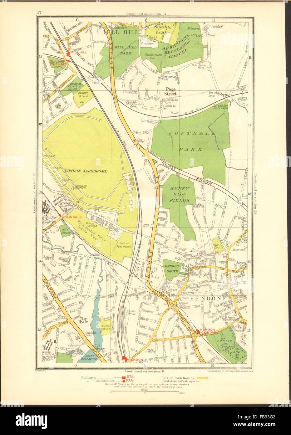 HENDON The Hyde, Mill Hill, Colindale, Edgware, Southfields, 1937 vintage map Stock Photo Alamy