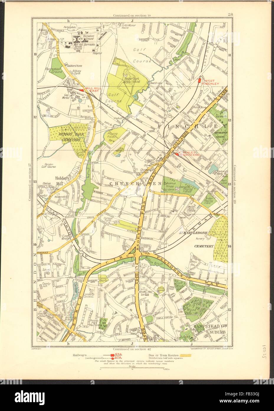 FINCHLEY: Church End, Hampstead Garden Suburb, Mill Hill, Hendon, 1937 old map Stock Photo