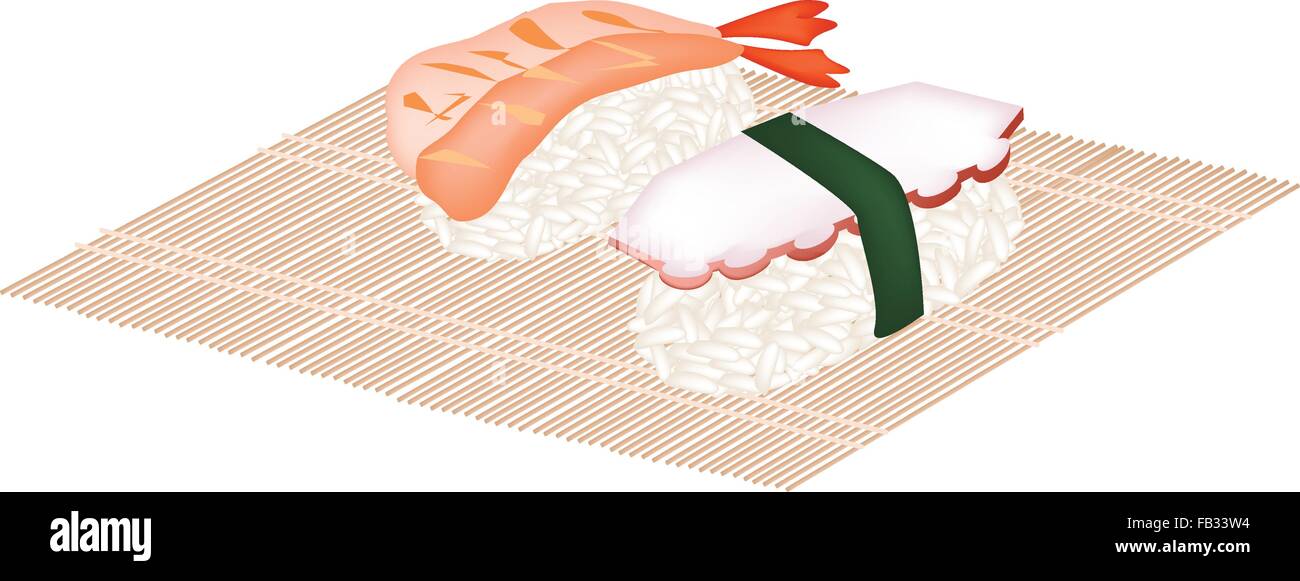 Japanese Cuisine, Illustration of Fresh Shrimps Nigiri and Tako Sushi on Makisu Bamboo Mat Isolated on White Background. Stock Vector
