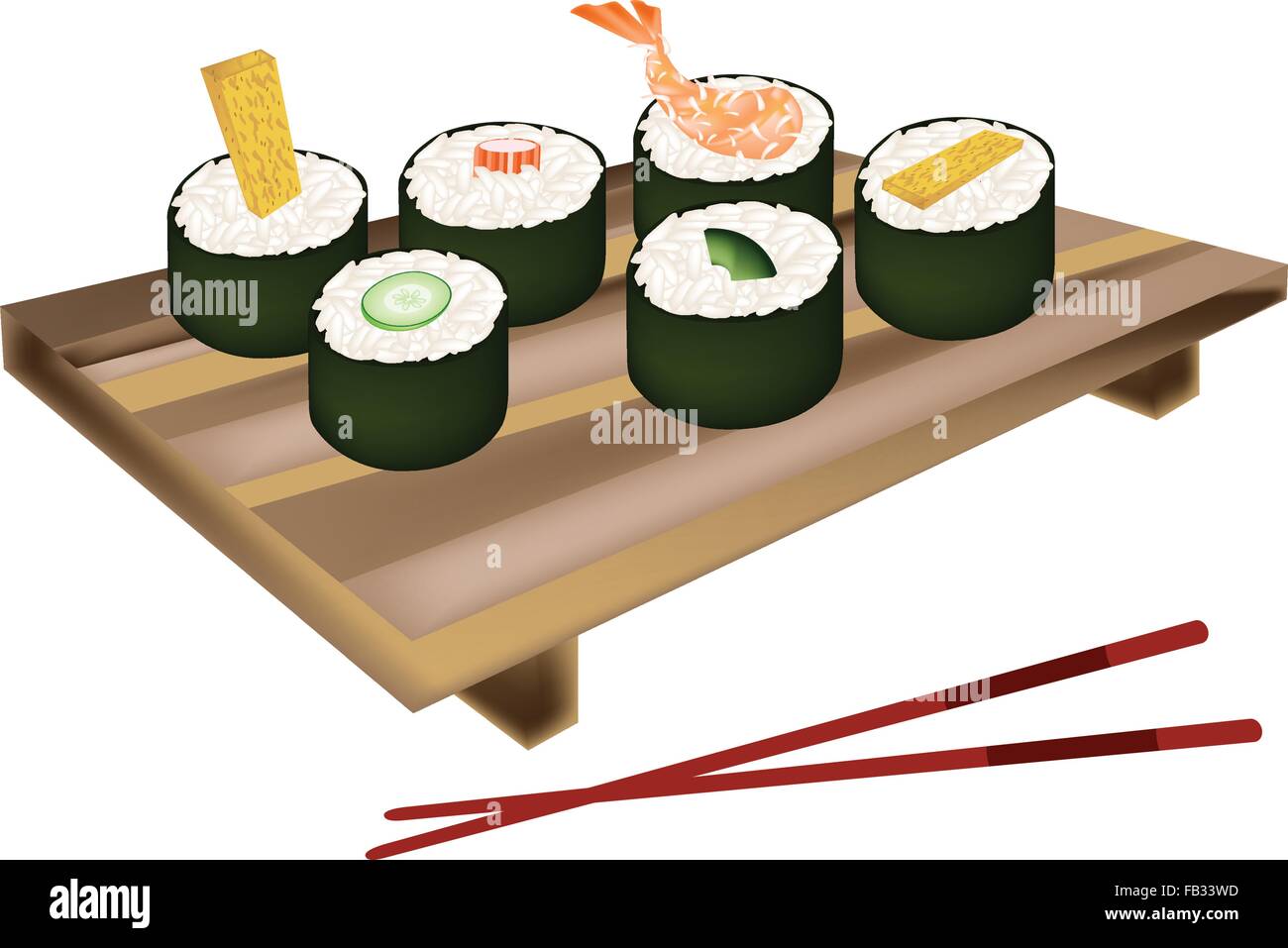 Japanese Cuisine, Illustration of Fresh Ebi Tempura, Tamagoyaki, Surimi, Cucumber and Avocado Sushi Roll on Geta Plate with Chop Stock Vector