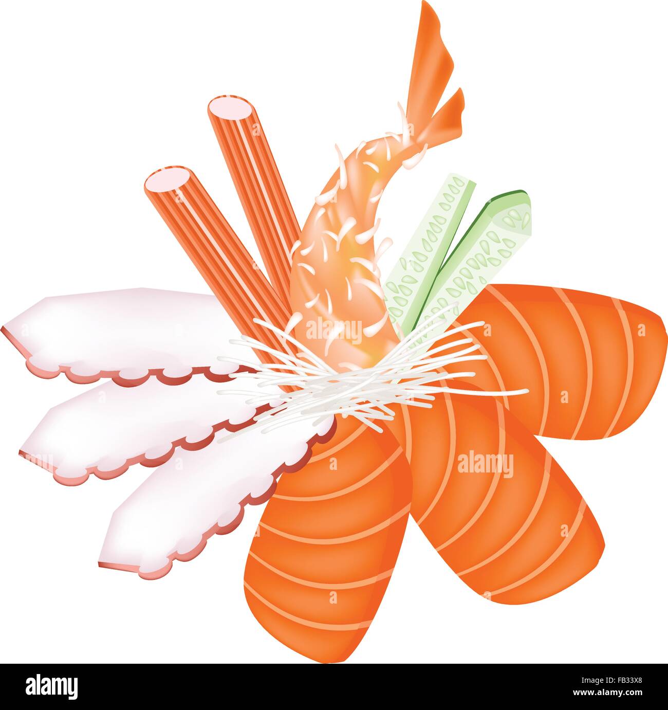 Japanese Cuisine, Illustration of Salmon Sashimi, Squid Sashimi, Kani Sashimi and Ebi Tempura Isolated in White Background. Stock Vector