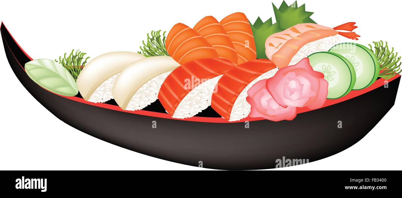 Japanese Cuisine, Illustration of Fresh Salmon Sushi, Tako Sushi, Ebi Sushi with Salmon Sashimi and Wasabi on Sushi Boat. Stock Vector