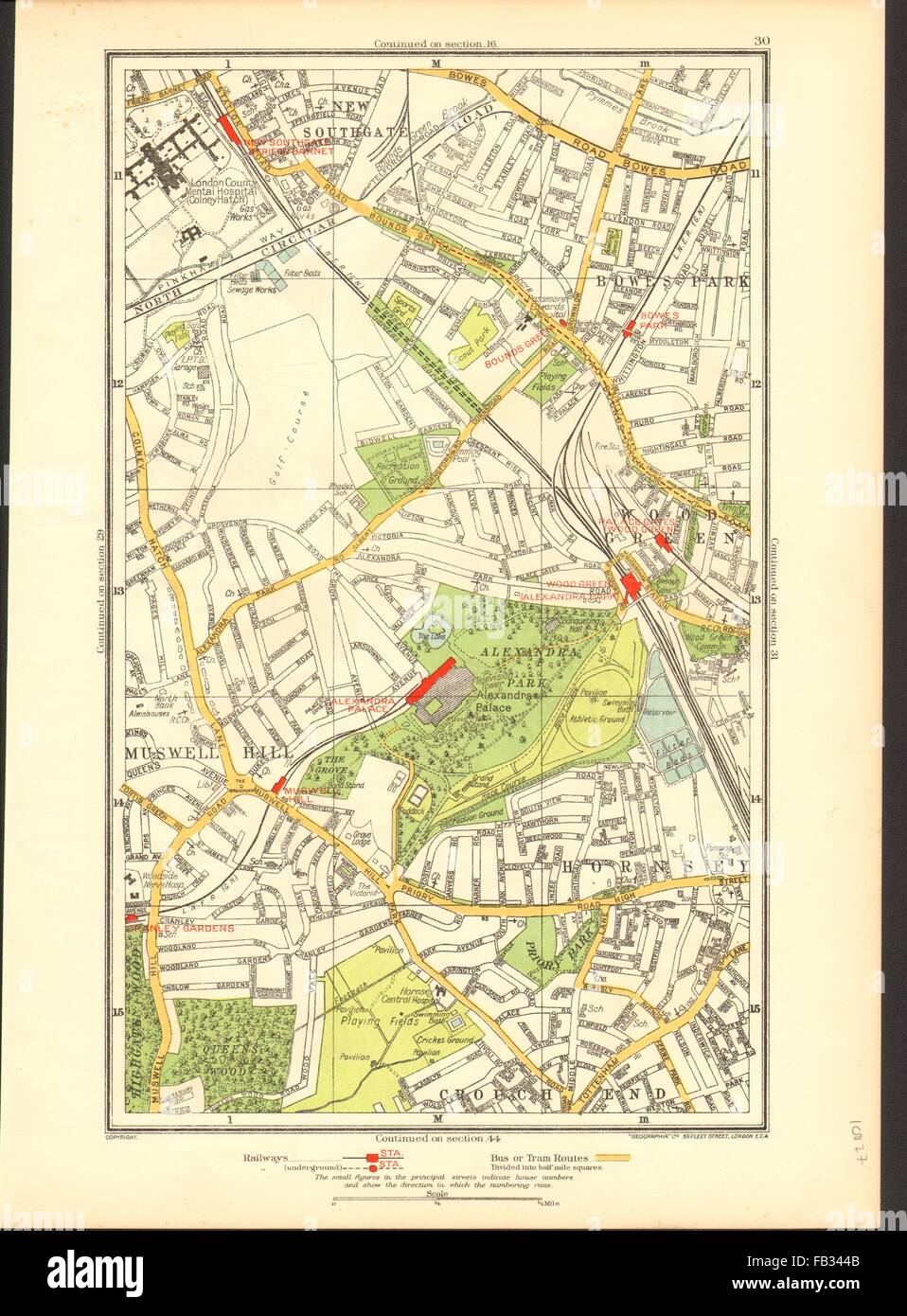 MUSWELL HILL: Alexandra Palace, Hornsey, Wood Green, New Southgate, 1937 map Stock Photo