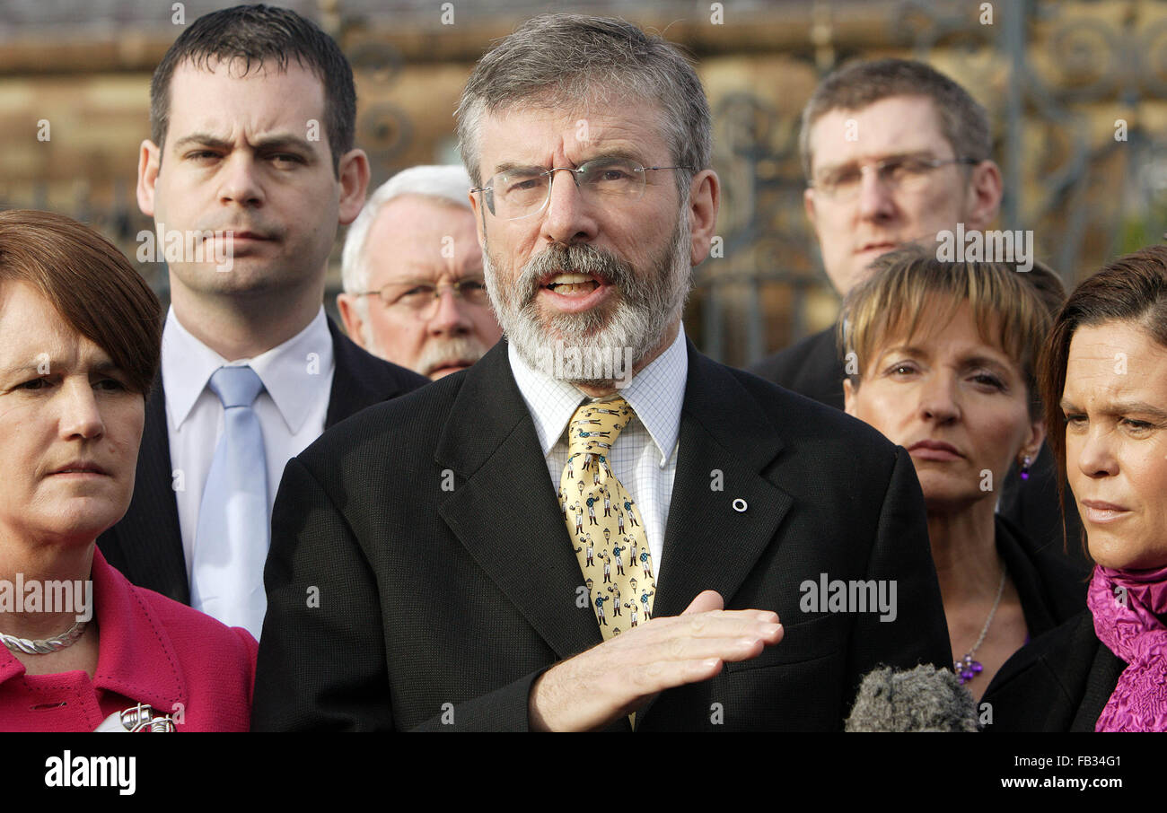 UNITED KINGDOM, Sinn Fein Party President Gerry Adams speaks to the media outside Hillsborough Castle following the agreement on Stock Photo