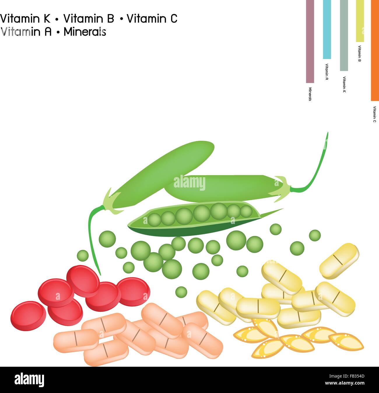 Healthcare Concept, Illustration of Green Peas with Vitamin K, Vitamin