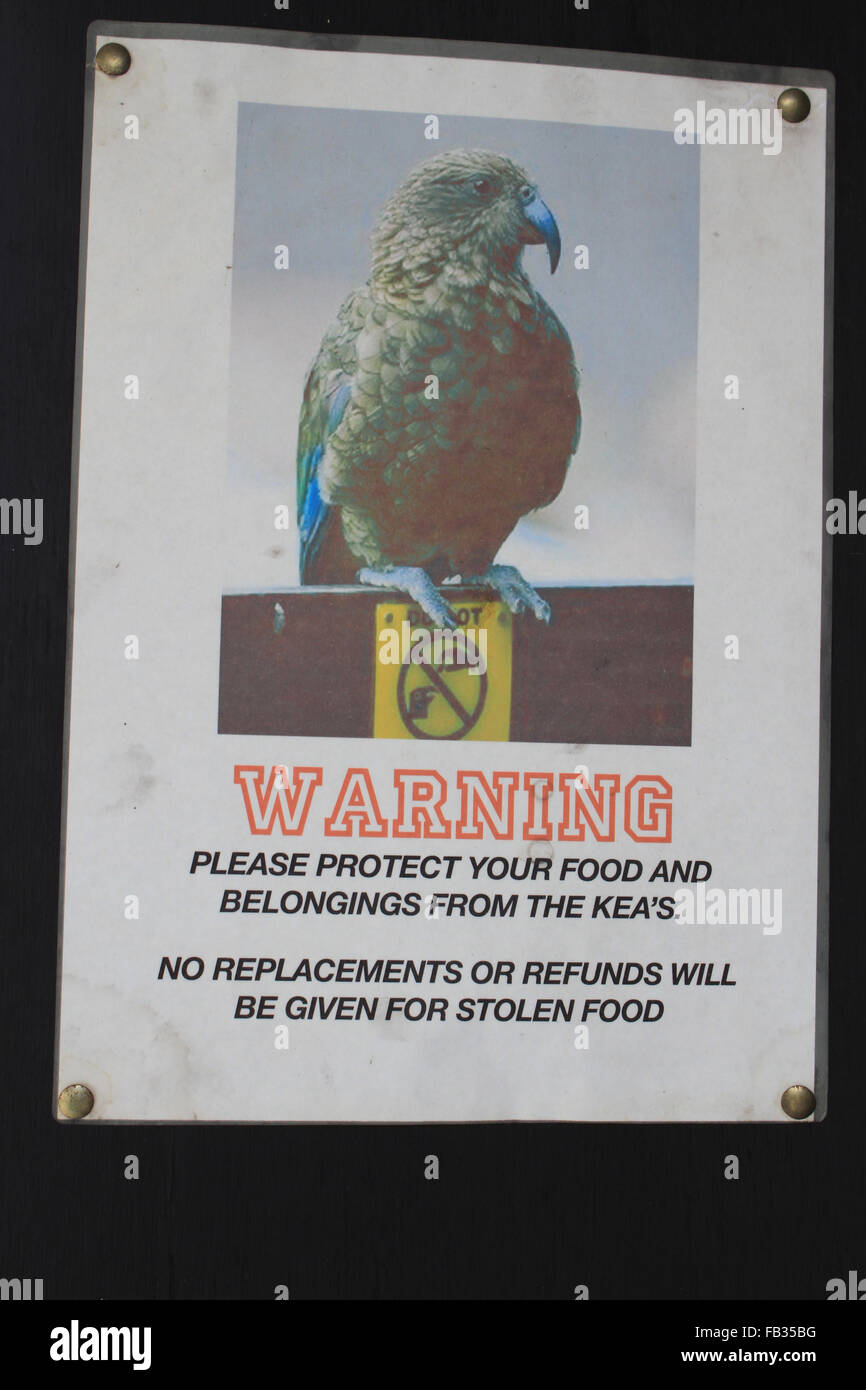 Kea Infromation Sign Kea warning sign, Arthurs Pass, New Zealand Stock Photo - Alamy
