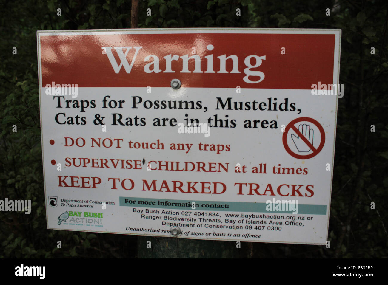 Sign about trapping of wildlife, Paihia, New Zealand Stock Photo