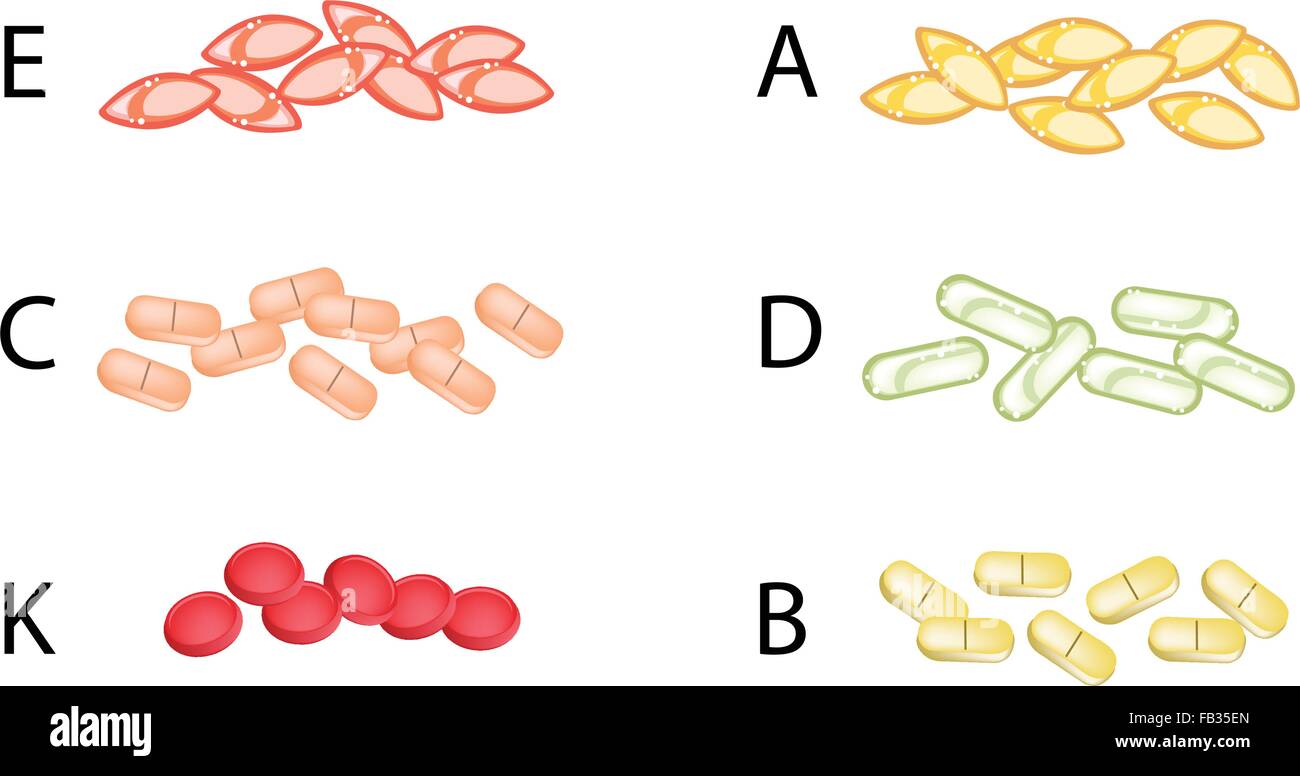 Healthcare Concept, Illustration Collection of Vitamins Pills and