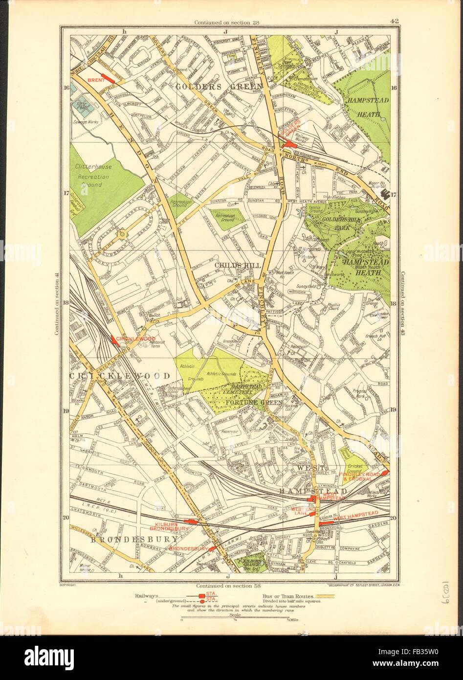 CRICKLEWOOD: Brondesbury,Fortune/Golders Green,Hampstead,Child's Hill, 1937 map Stock Photo
