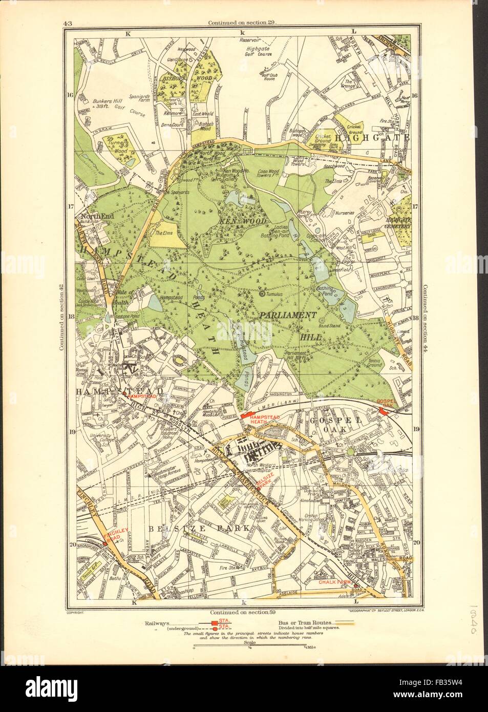 HAMPSTEAD:Belsize Park,Gospel Oak,Highgate,Gospel Oak,Parliament Hill, 1937 map Stock Photo