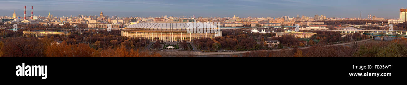 Panoramic view of the evening Moscow and Luzhniki stadium from Sparrow Hills Stock Photo