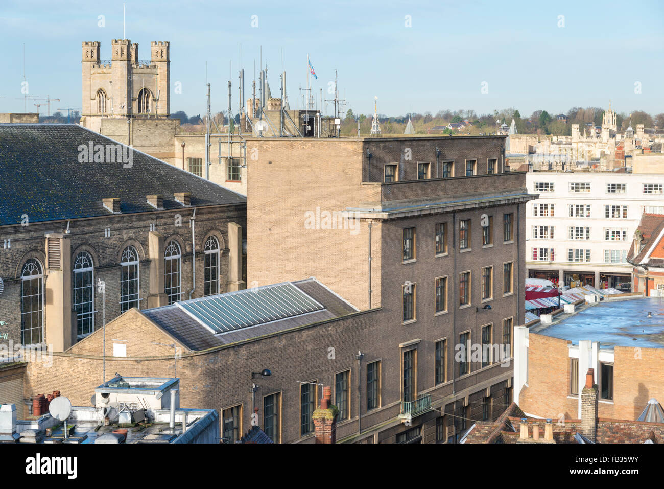 An aerial view of roofs, rooftops and the skyline of Cambridge UK Stock Photo
