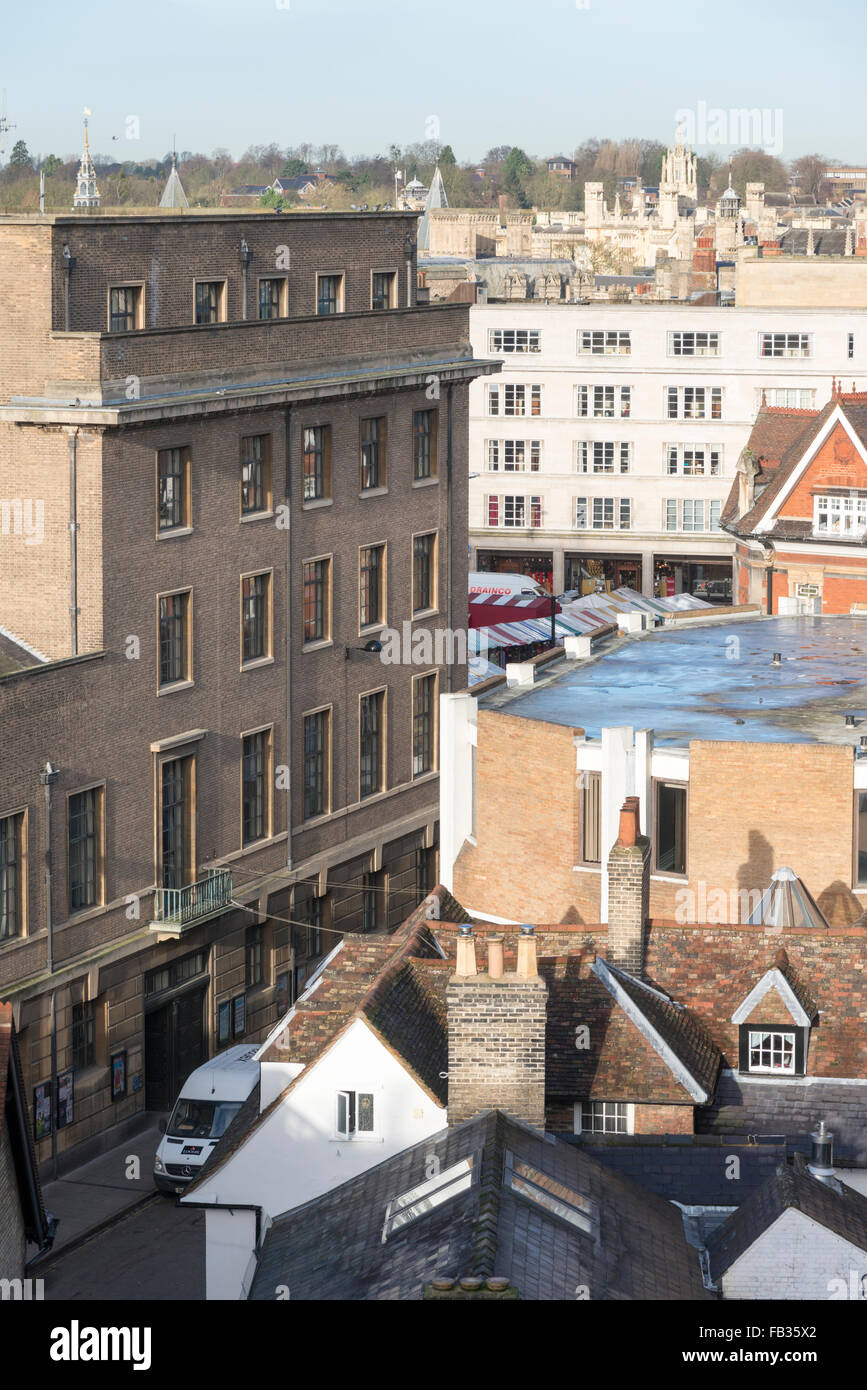 An aerial view of roofs, rooftops and the skyline of Cambridge UK Stock Photo