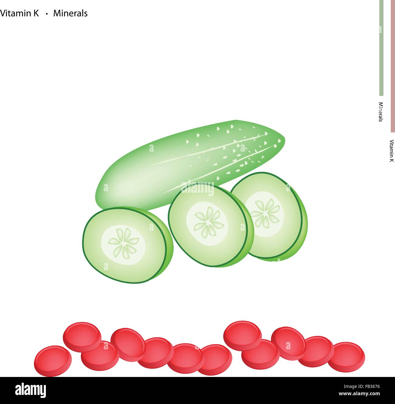 Healthcare Concept, Illustration of Fresh Cucumbers with Vitamin K and Minerals Tablet