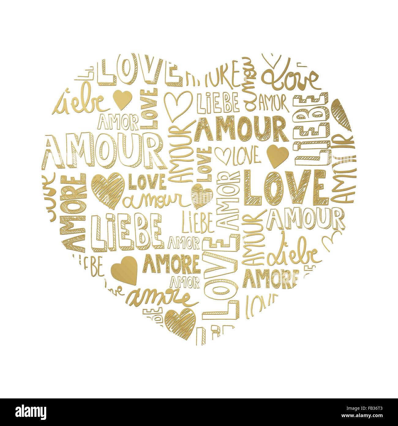 Sweet golden color heart with international love words Stock Vector
