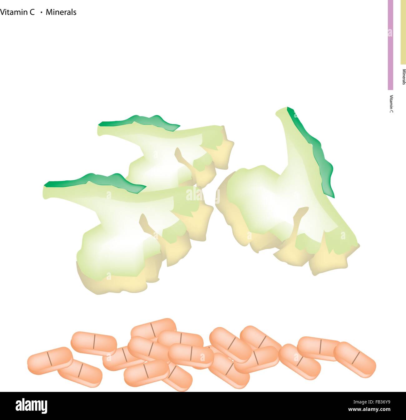 Healthcare Concept, Illustration of Chopped Cauliflower Vitamin C and Minerals Tablet, Essential