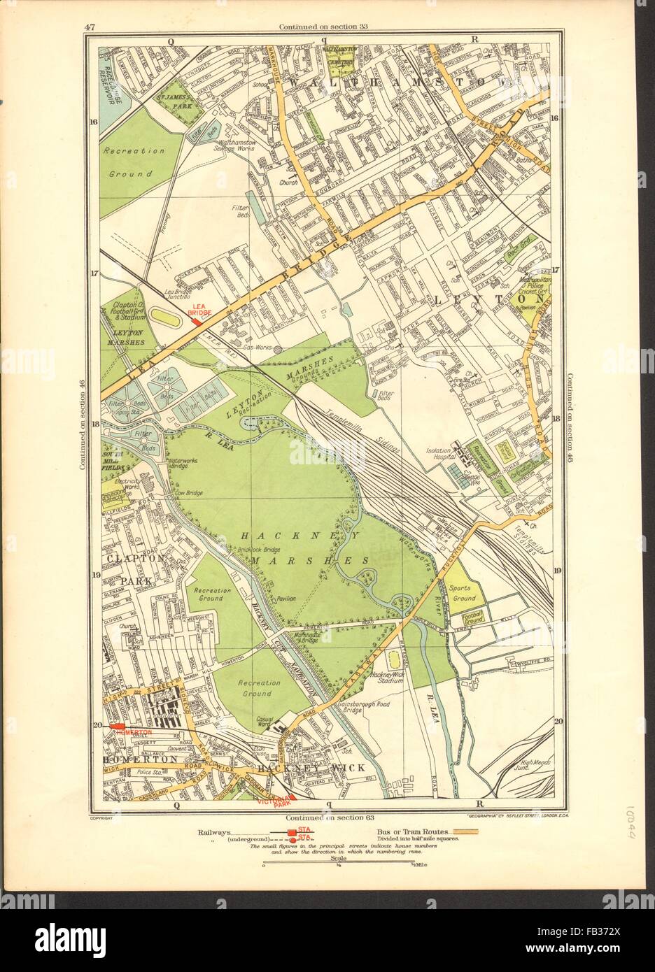 LEYTON: Hackney Marsh/Wick, Homerton, Walthamstow, Clapton Park, 1937 old map Stock Photo