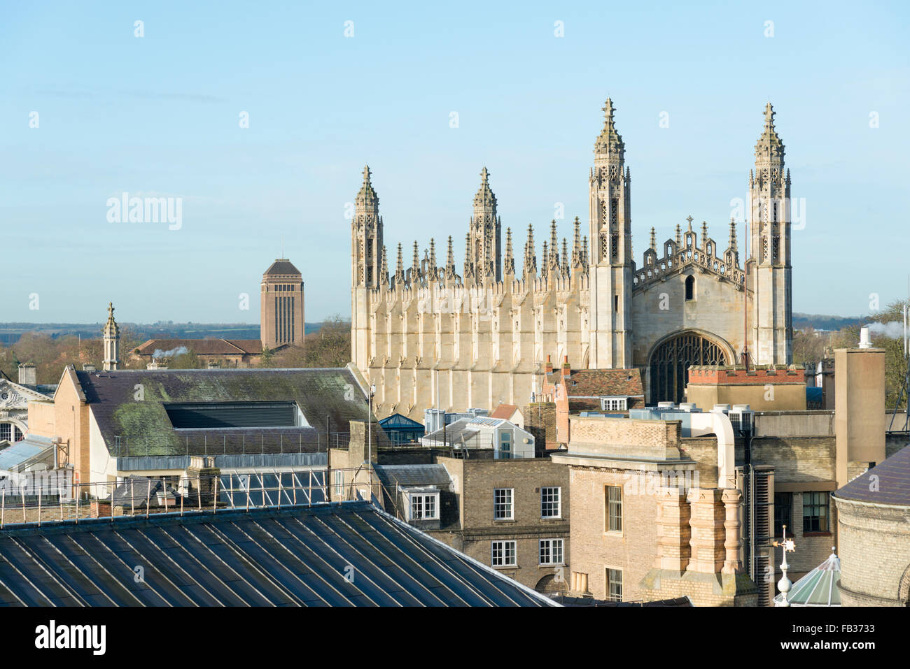Rooftops and skyline in Cambridge UK showing Kings College chapel and other buildings Stock Photo