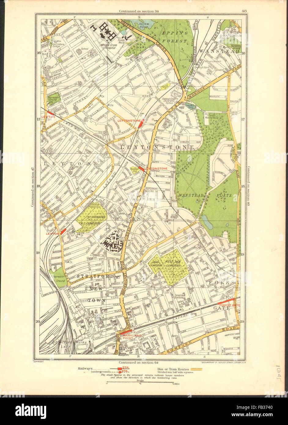 LEYTON LEYTONSTONE: Forest Gate, Stratford, Wanstead, Woodgrange Park, 1937 map Stock Photo