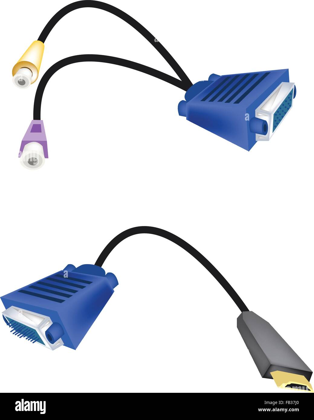 Computer and Technology, Illustration of VGA Monitor Cables or DVI Digital Video Interface to RCA and HDMI Cables  For Computer Stock Vector