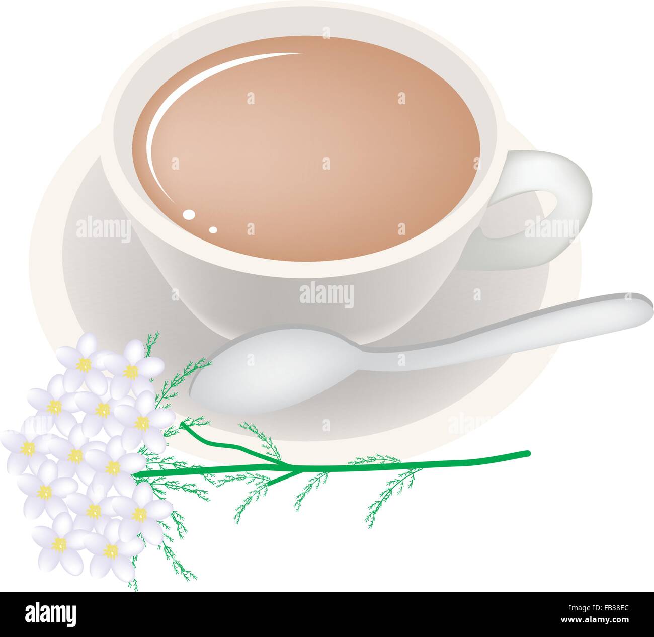 Beautiful Flower, Illustration of Yarrow Tea in A Glass Cup with White Yarrow Flowers Isolated