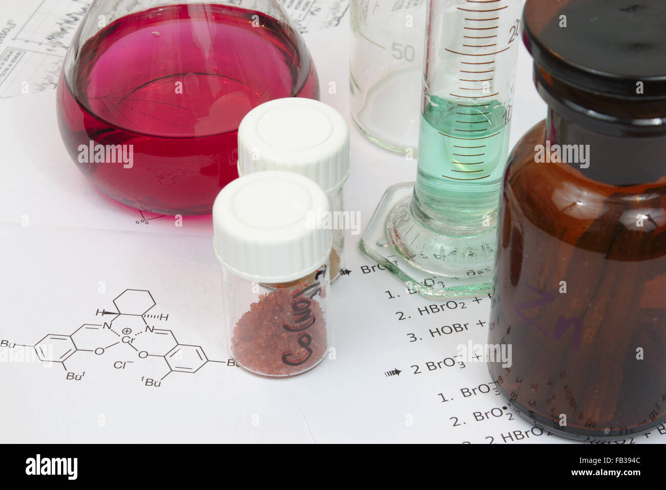 Reagents in chemical glassware and drawing of chemical structure Stock ...