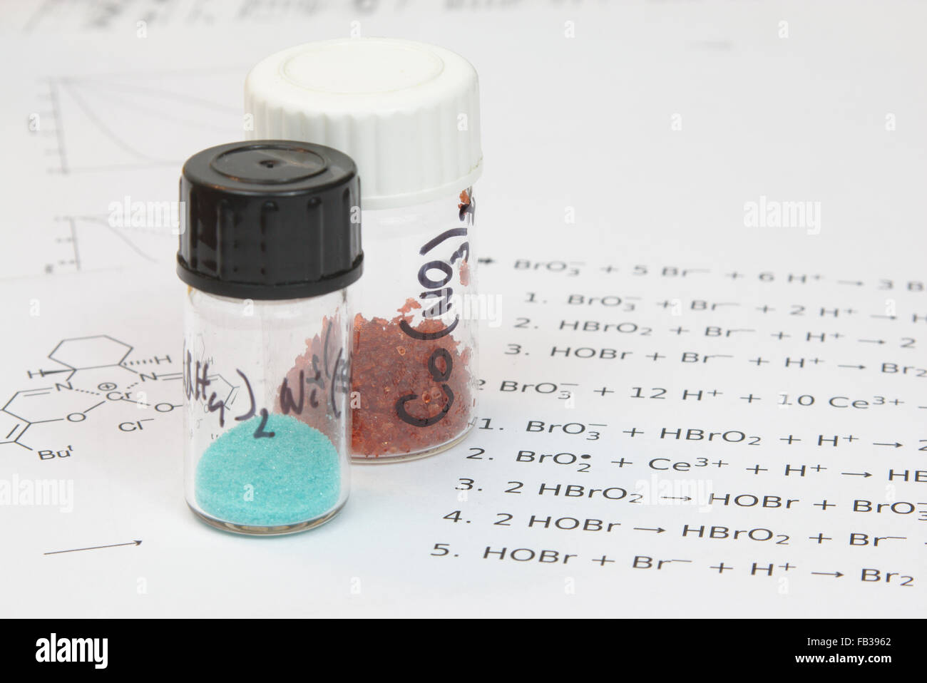 Bottles with salts on a sheet with chemical reaction equations Stock