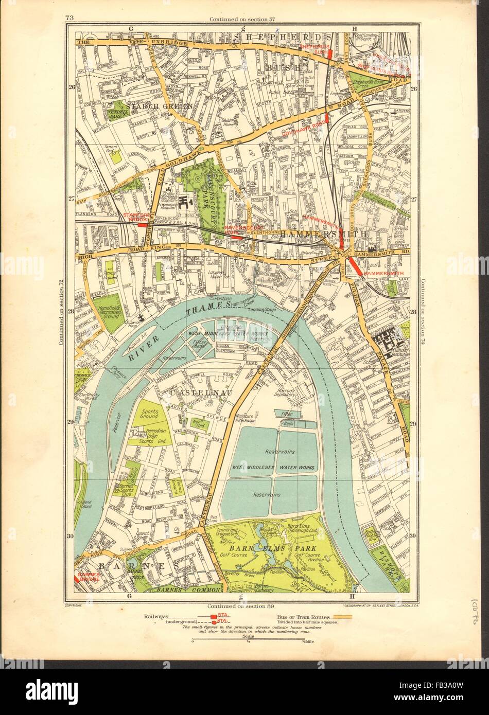 HAMMERSMITH: Barnes, Shepherds Bush, Fulham, Castlenau, Starch Green, 1937 map Stock Photo