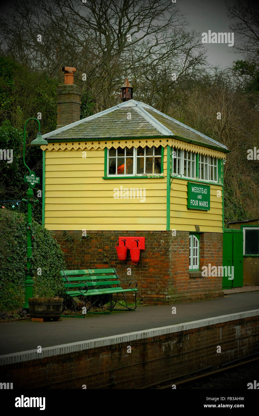 Railway platform signal box at medstead and four marks railway station