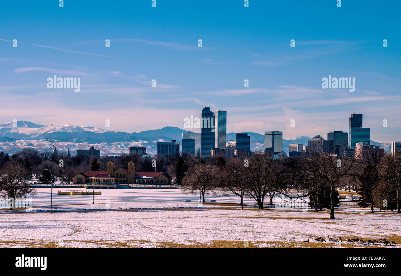 Denver Colorado Skyline looking toward the Rocky Mountains Stock Photo