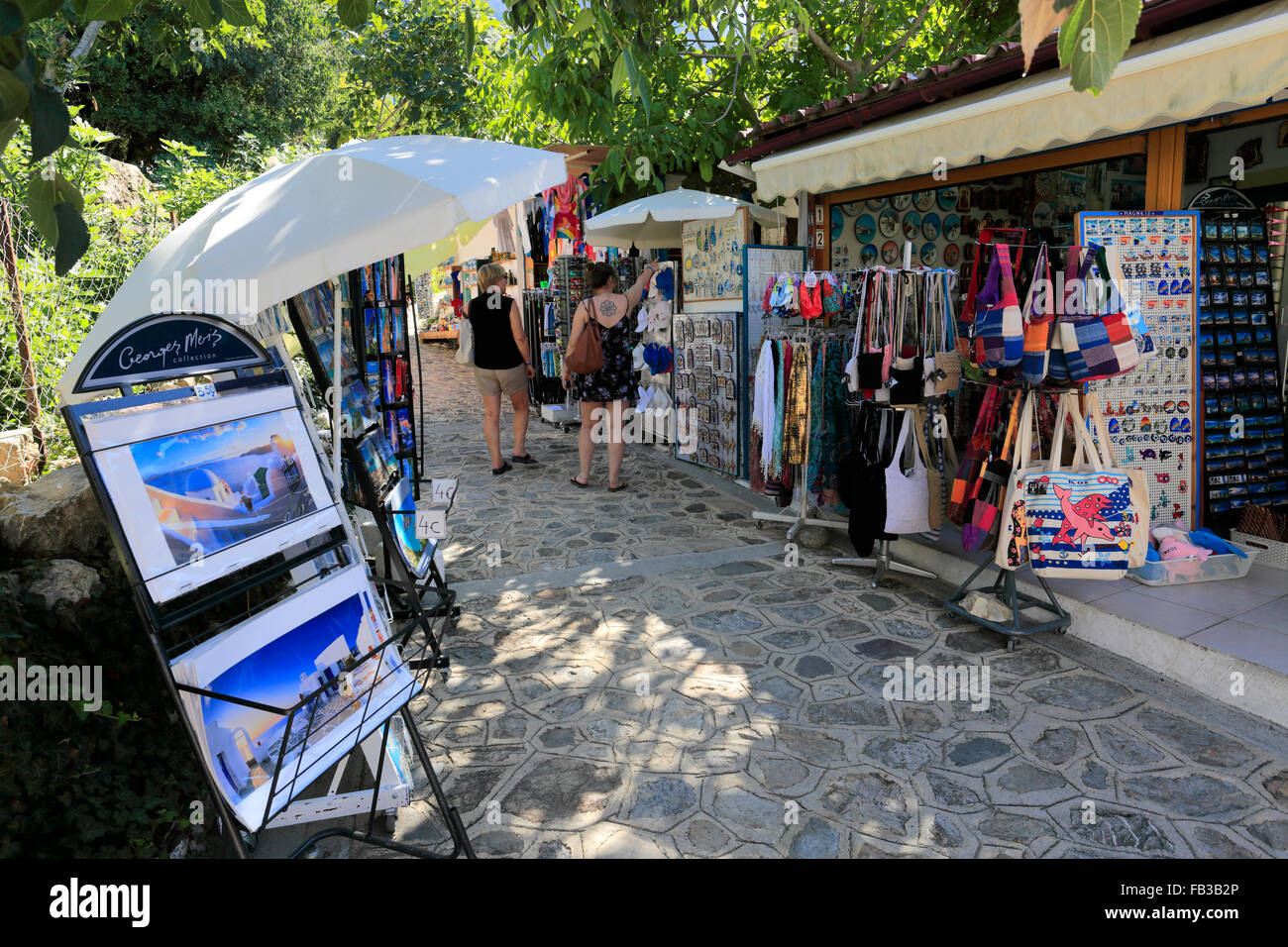 Tourist gifts in shops, Zia village, Kos Island, Dodecanese group of islands, South Aegean Sea, Greece. Stock Photo