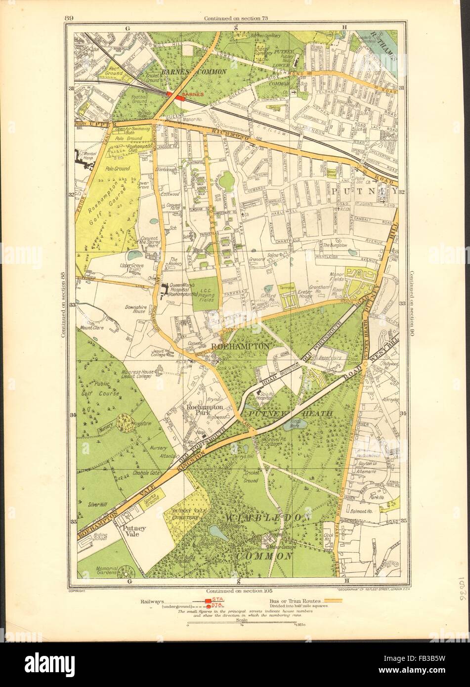 LONDON: Putney Vale,Roehampton,Barnes,Roehampton Park,Barnes Common, 1937 map Stock Photo