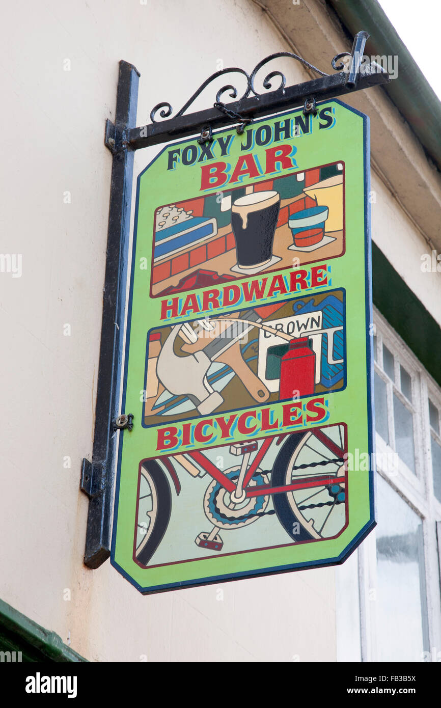 Foxy John's Bar, Hardware and Bicycles Sign; Dingle; Ireland Stock Photo