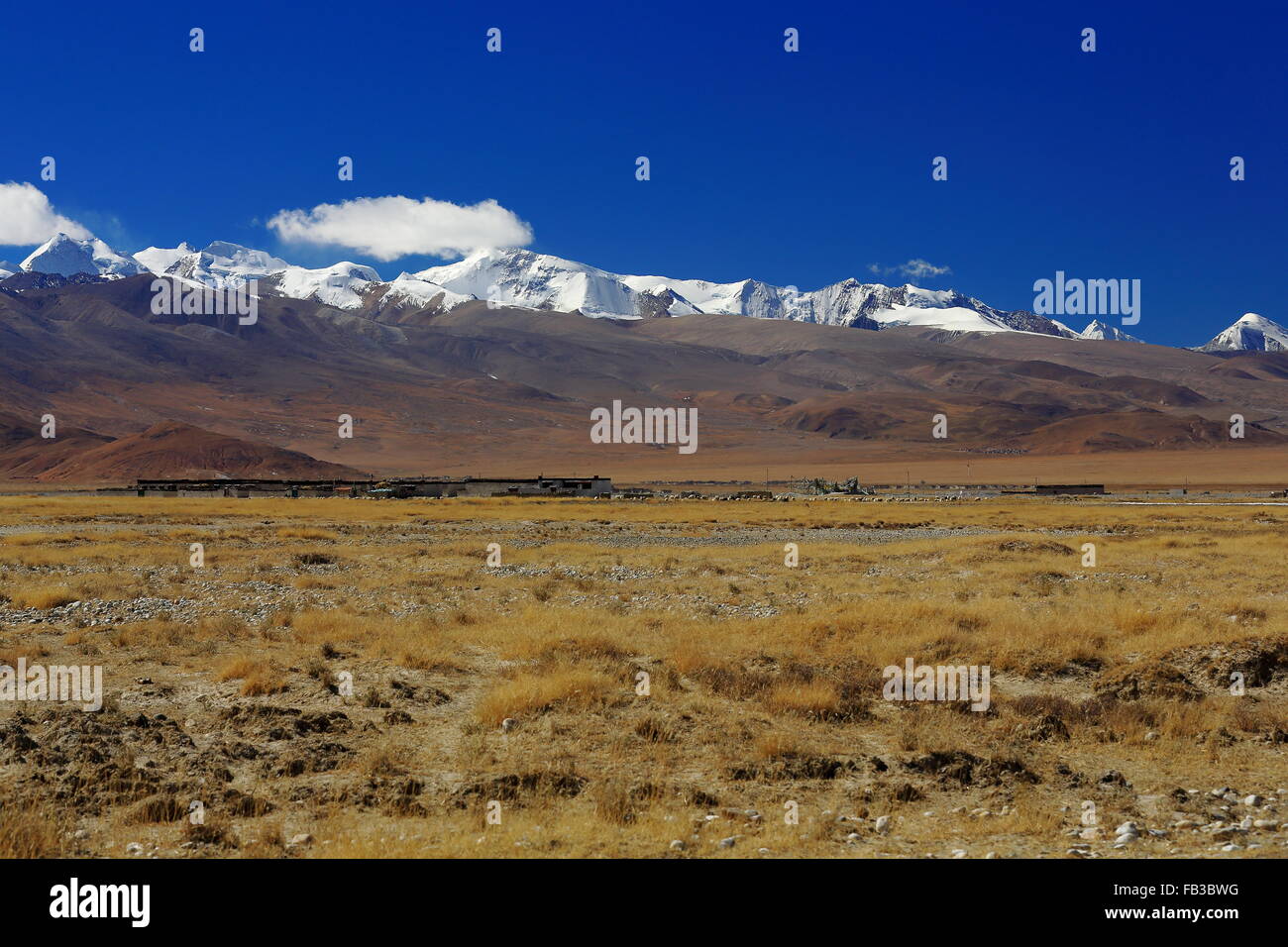 View of the high Himalayas-Labuche or Lapche Himal section from the tibetan plateau Tingri-Lawn Mountain town at 4348 ms. Tingri Stock Photo
