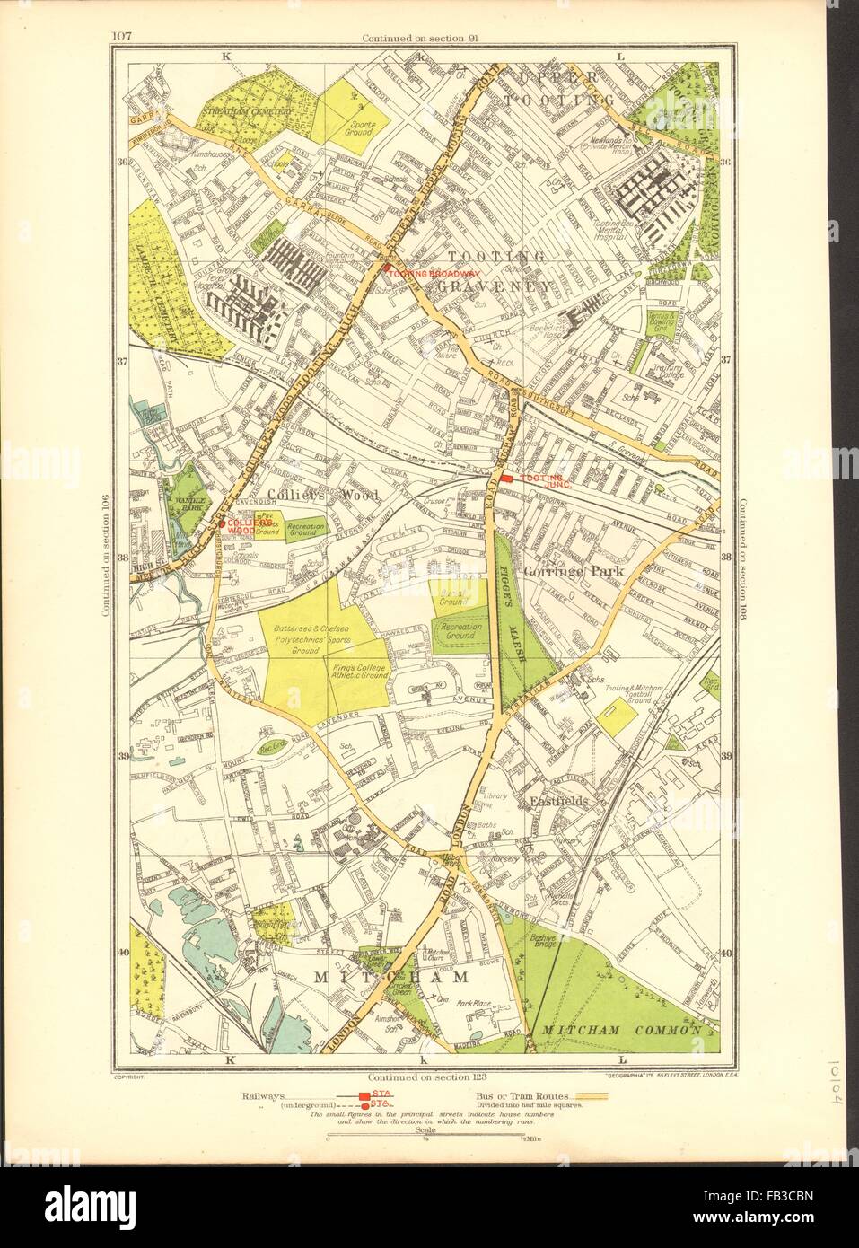 MITCHAM: Collier's Wood, Tooting Graveney, Furzedown, Eastfields, 1937 old map Stock Photo