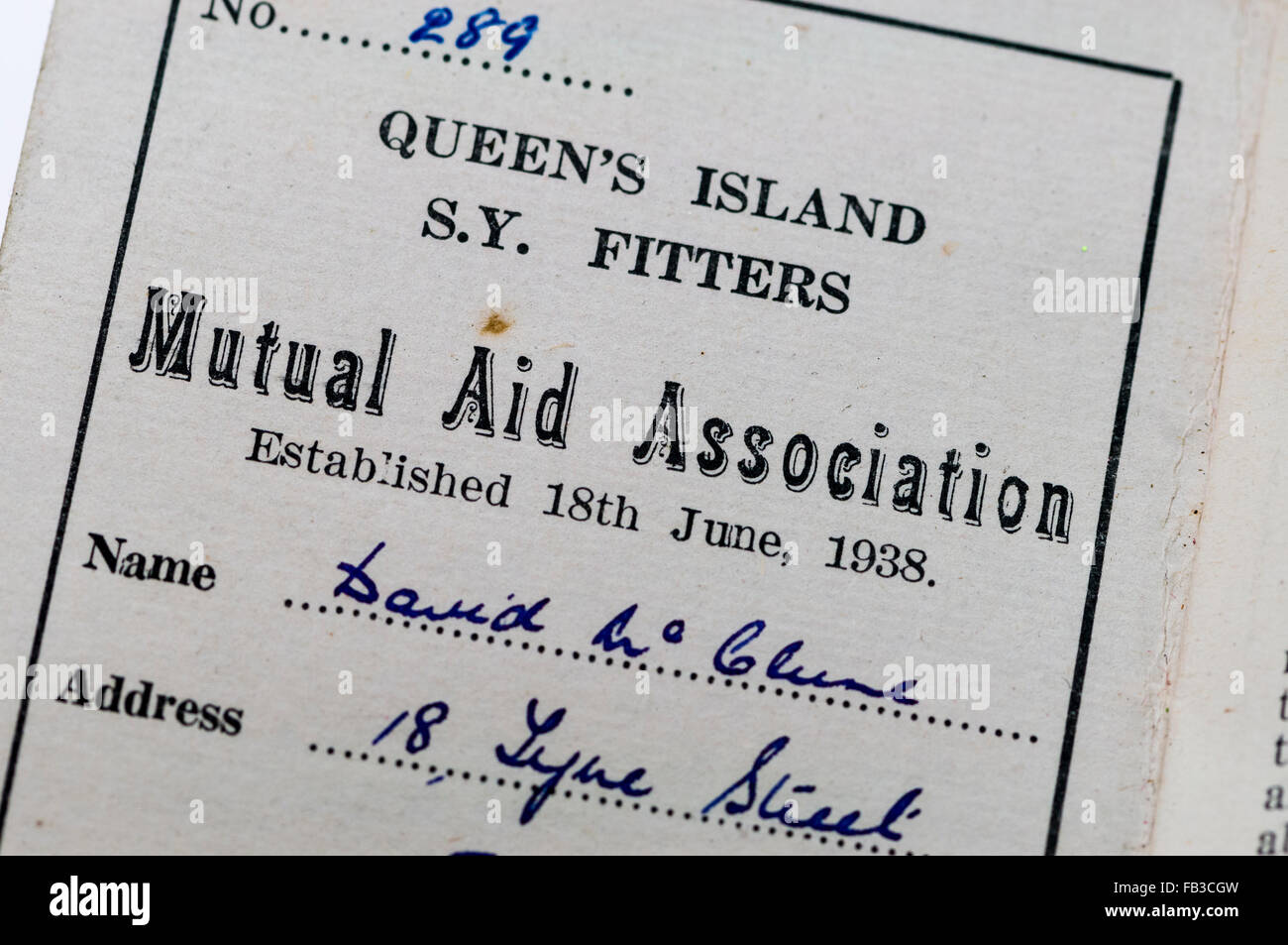 Harland and Wolff Mutual Aid Association membership card from 1951. Stock Photo