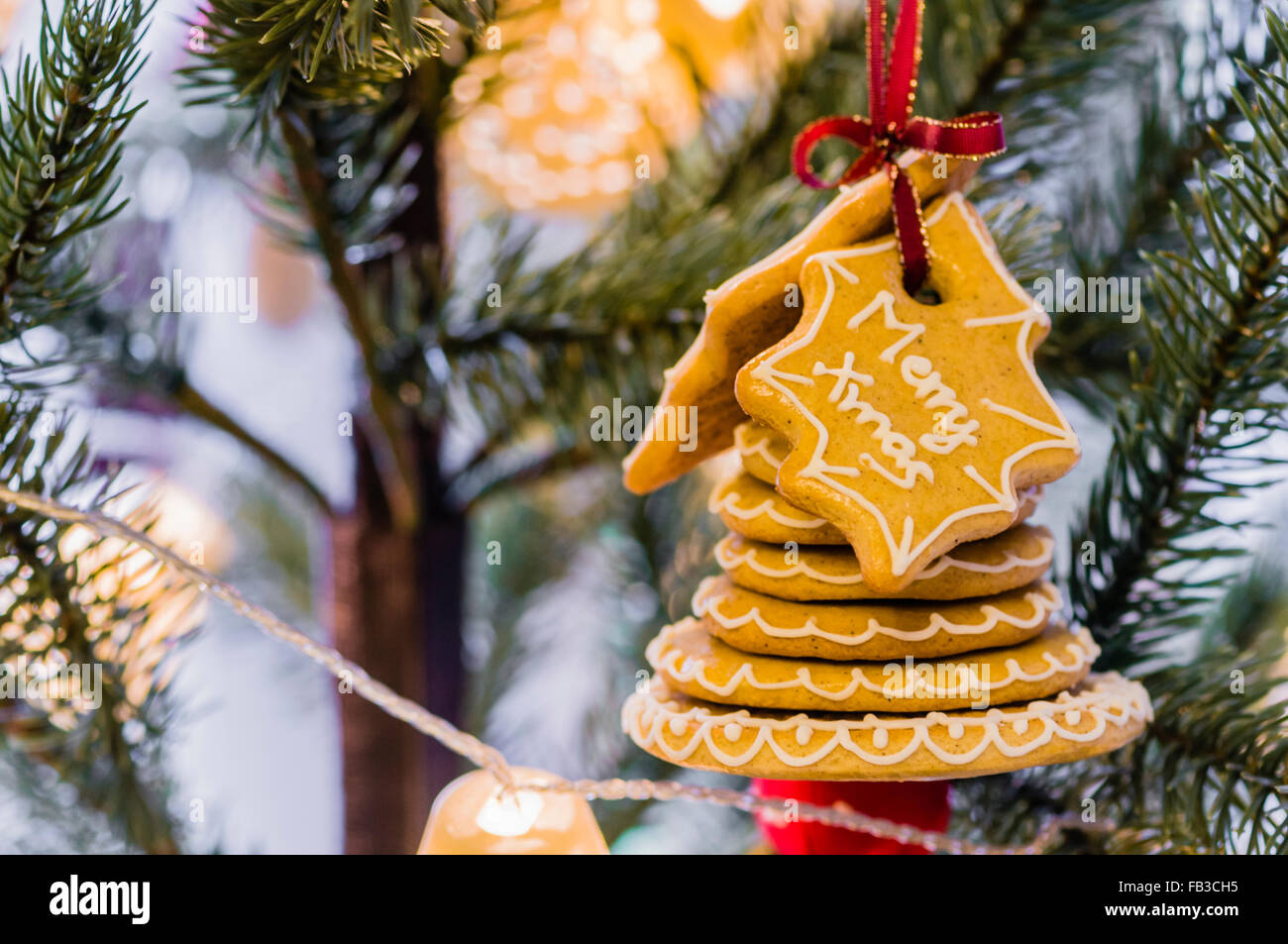 Traditional Czech Christmas decoration made from gingerbread biscuits, in the shape of a bell. Stock Photo