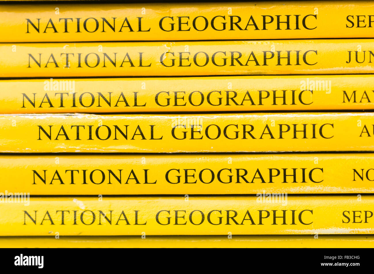 Pile of National Geographic magazines Stock Photo