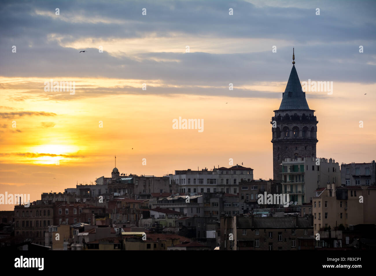 Galata Tower during sunset Stock Photo