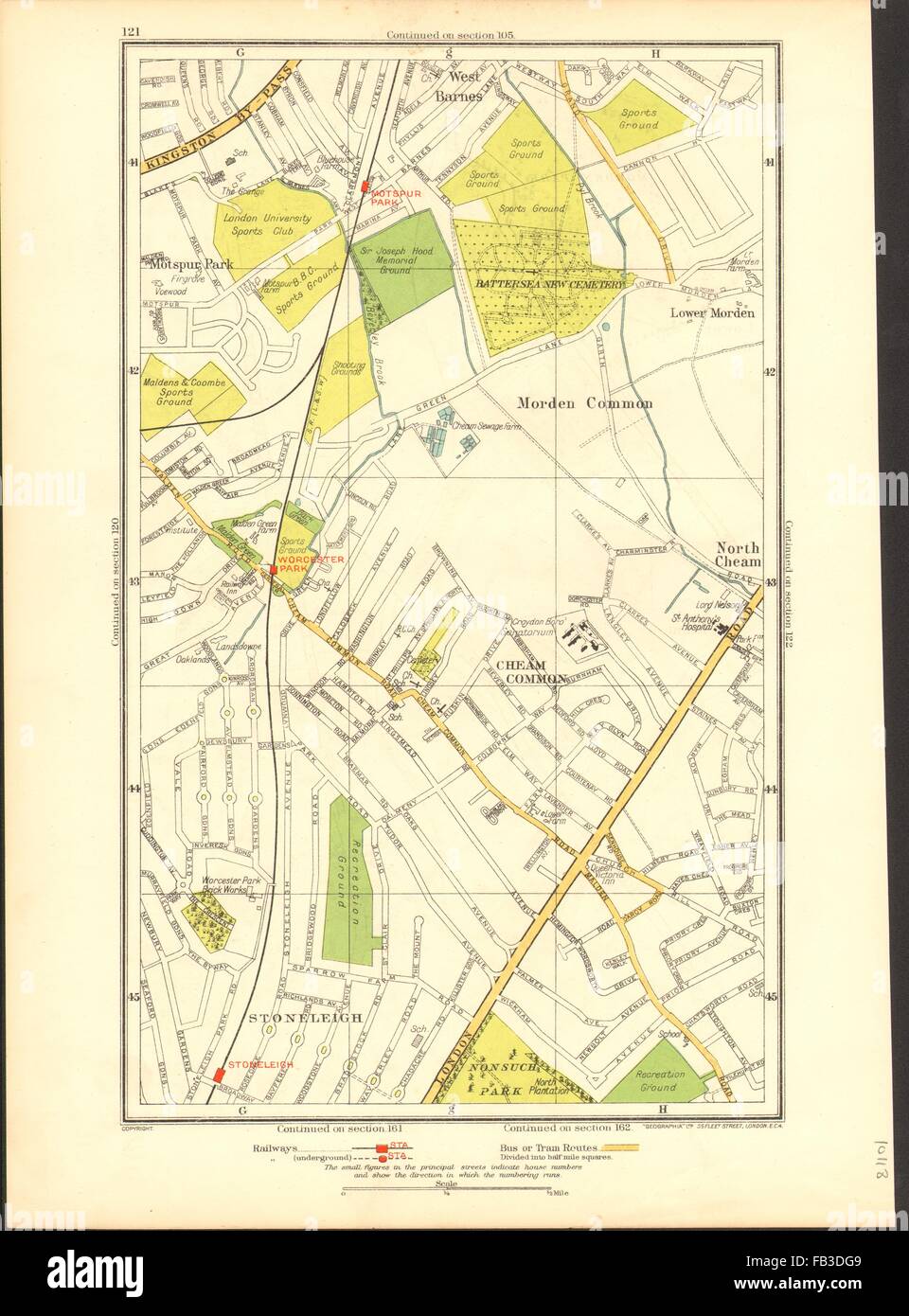 CHEAM: Stoneleigh; Worcester, Morden Common, Motspur Park,West Barnes, 1937 map Stock Photo