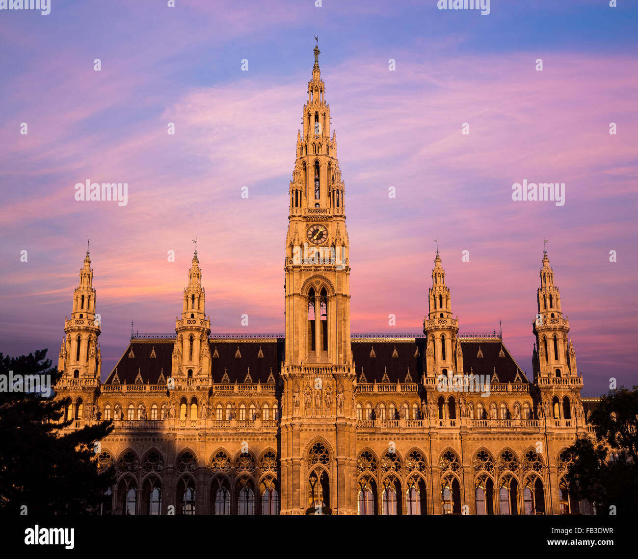 The outside of the Rathaus in Vienna at Sunrise Stock Photo