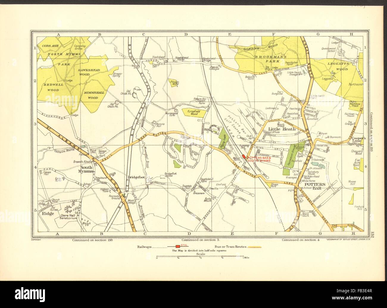 POTTERS BAR: South Mimms, Little Heath, Brookmans Park, Ridge (Herts), 1937 map Stock Photo